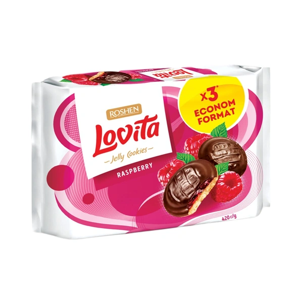 BISCUITI LOVITA ZMEURĂ CIOCOLATĂ ȘI JELEU AROMAT ROSHEN 420 GR