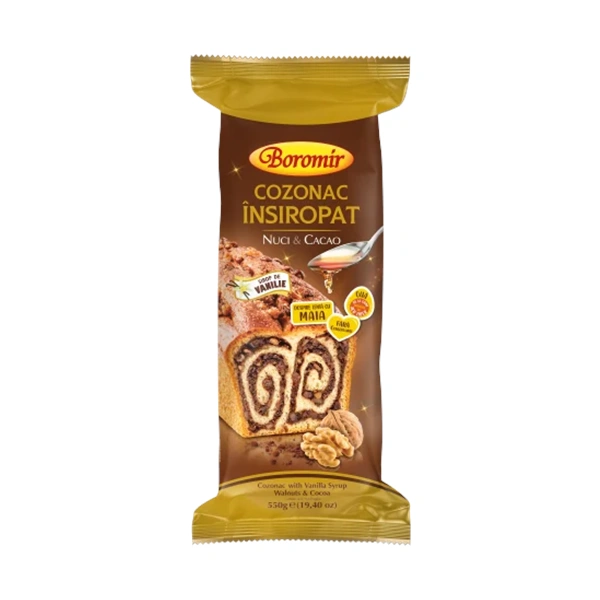 COZONAC INSIROPAT CU SIROP DE VANILIE CREMA CU NUCI SI CACAO BOROMIR 550 GR