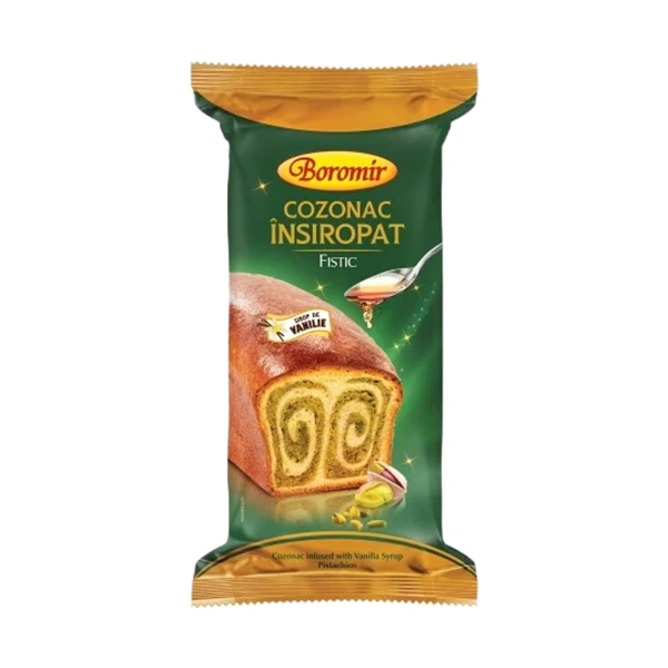 COZONAC INSIROPAT CU SIROP DE VANILIE CREMA CU NUCI SI FISTIC COPIE BOROMIR 550 GR