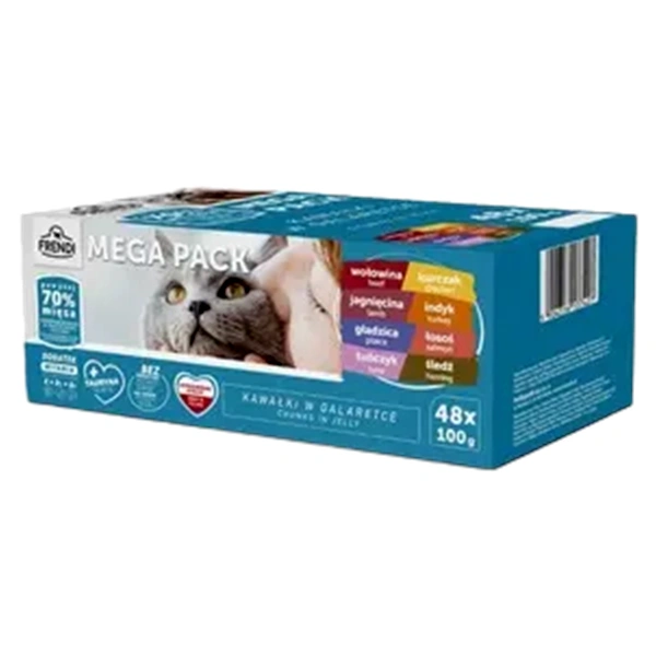HRANA FRENDI PLICULETE PENTRU PISICI CU AROME DE CARNE SI PESTE IN JELEU 48X100 GR