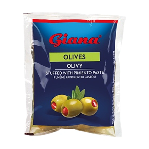 MASLINE VERZI UMPLUTE CU ARDEI ROSU IN SARAMURA GIANA 195 GR